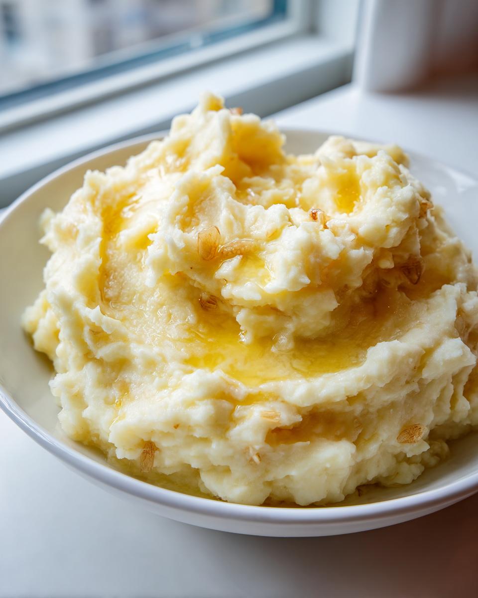A close-up of creamy roasted garlic mashed potatoes topped with melted butter and visible roasted garlic pieces.