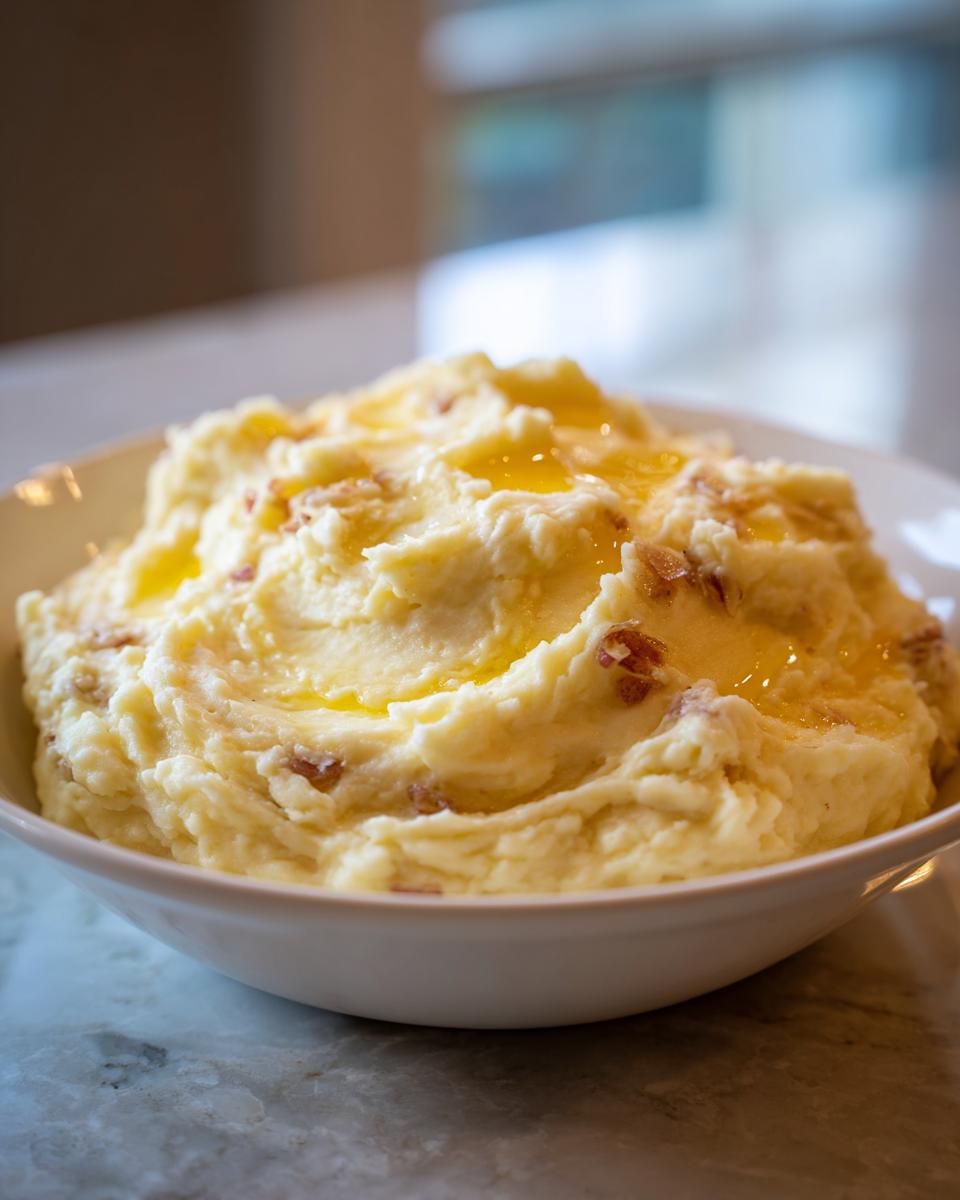 A white bowl filled with fluffy roasted garlic mashed potatoes topped with melted butter and visible roasted garlic pieces.