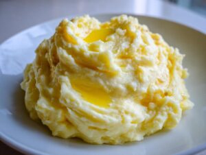 A close-up of fluffy roasted garlic mashed potatoes topped with pools of melted butter on a white plate.