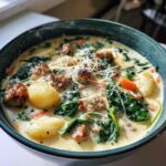 A close-up of creamy sausage gnocchi soup filled with sausage crumbles, spinach, carrots, and topped with grated Parmesan cheese.