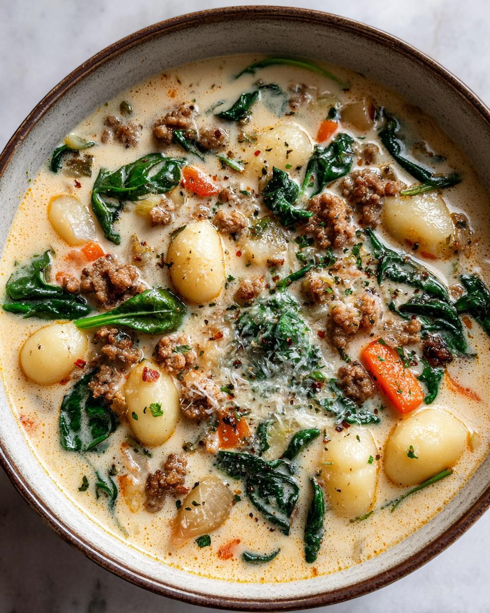 Overhead view of creamy sausage gnocchi soup with spinach, carrots, and parmesan cheese.