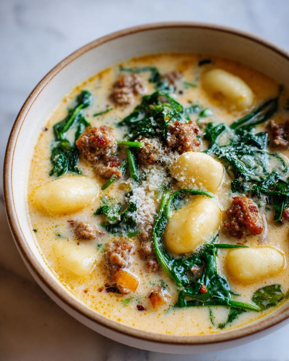 Close-up of creamy sausage gnocchi soup with spinach and grated Parmesan cheese.