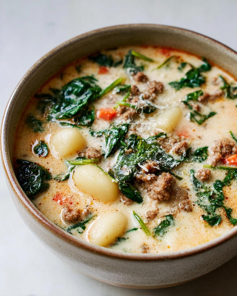 Close-up of creamy sausage gnocchi soup featuring soft gnocchi, crumbled sausage, and wilted spinach.