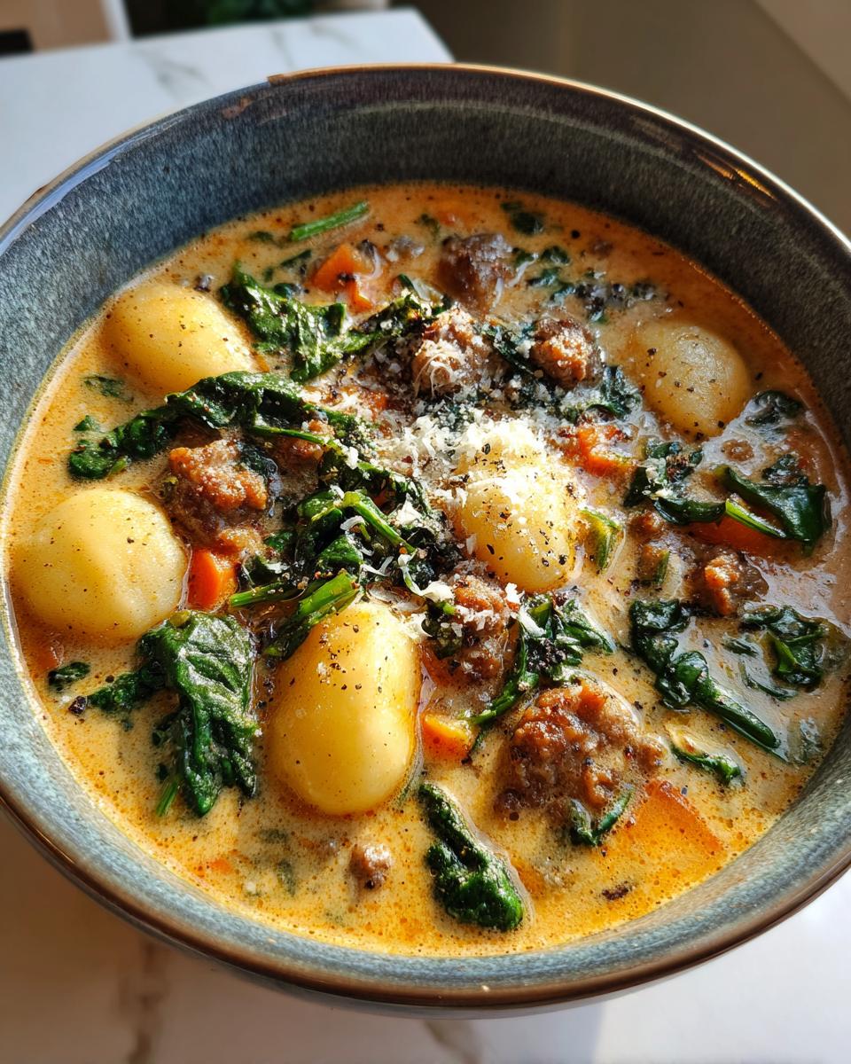 Close-up of creamy sausage gnocchi soup with spinach, carrots, and grated Parmesan cheese topping.
