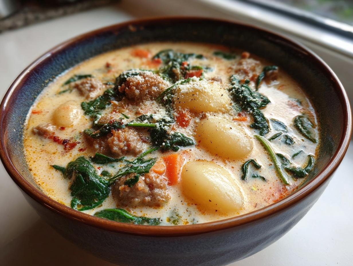 Close-up of creamy sausage gnocchi soup featuring gnocchi, crumbled sausage, spinach, and cheese topping.