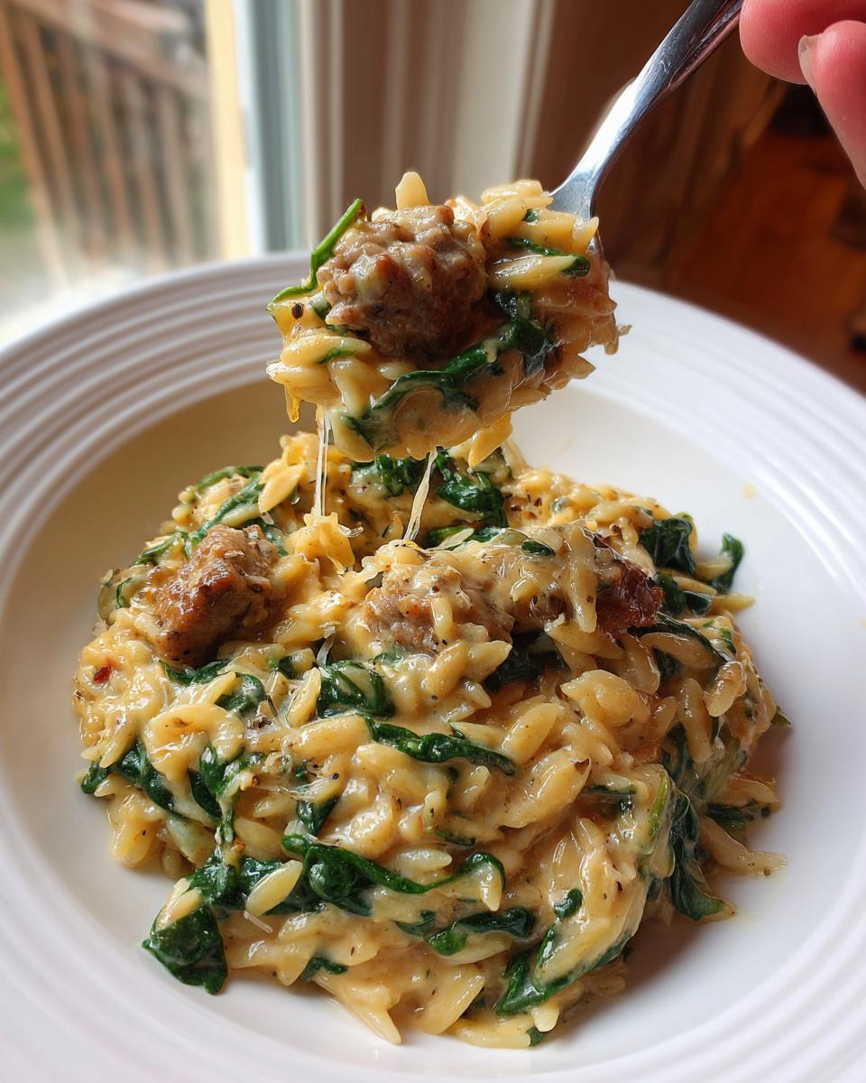 A fork lifts a bite of creamy orzo pasta mixed with spinach and sausage from a bowl of amazing 1-Pot orzo pasta.