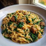 A close-up of a creamy bowl of orzo pasta mixed with browned sausage pieces and wilted spinach.