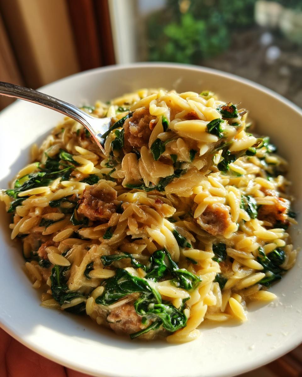 A fork lifts a bite of creamy orzo pasta mixed with sausage and wilted spinach from a white bowl.