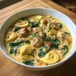 A close-up of a white bowl filled with creamy sausage tortellini soup, featuring sausage balls, spinach, and tortellini.