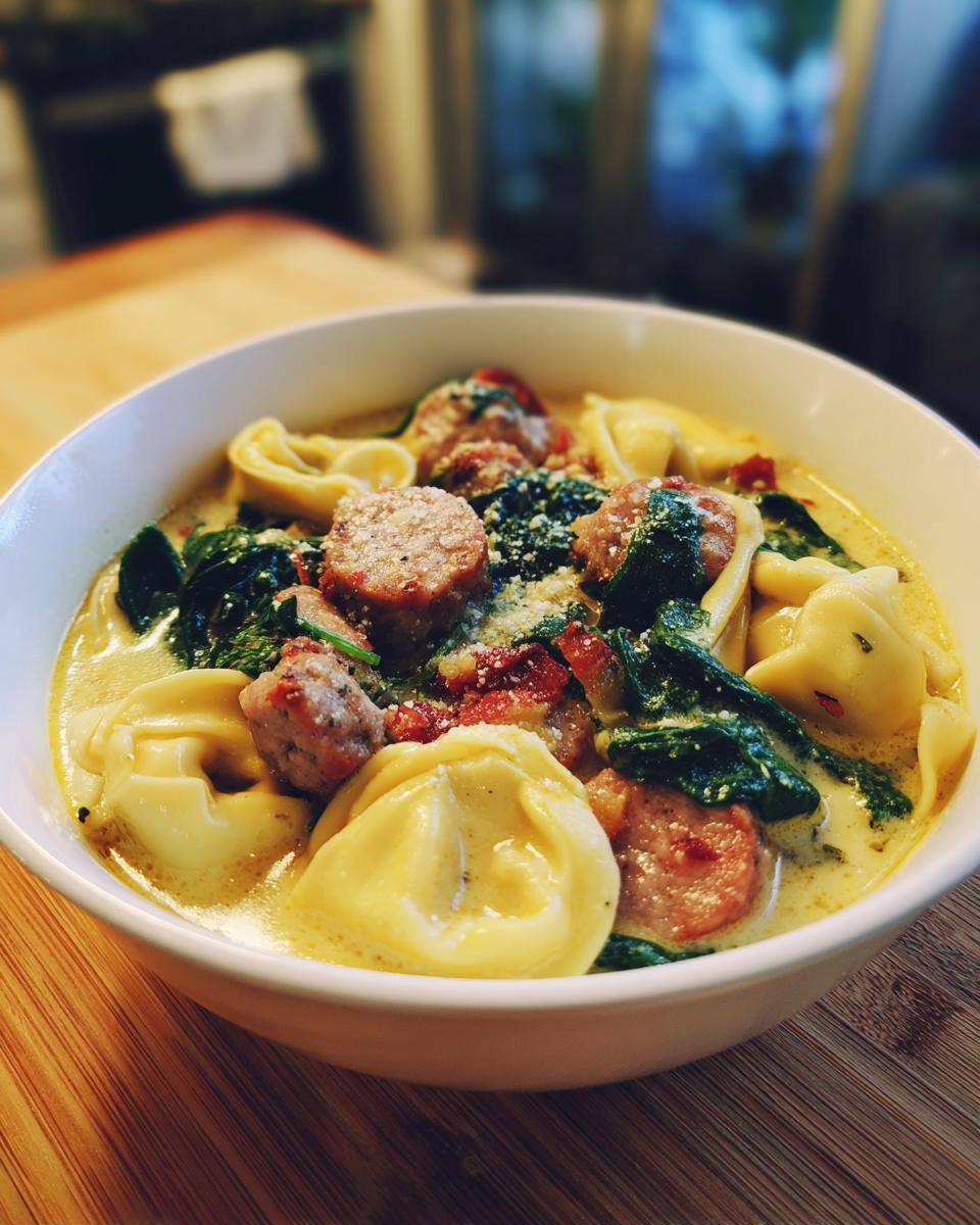 A close-up of a hearty bowl of creamy sausage tortellini soup, featuring sausage slices, spinach, and grated cheese.