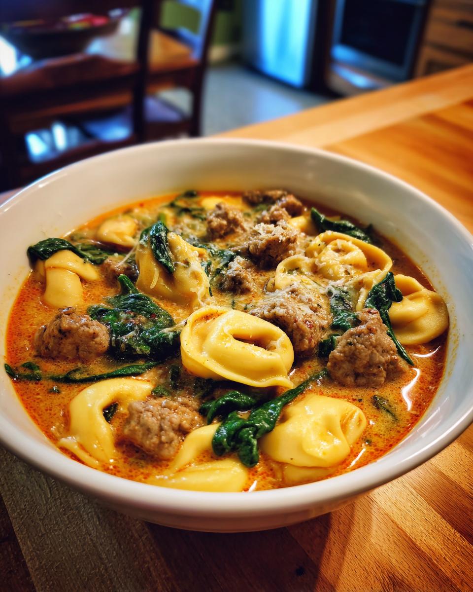 A close-up of a white bowl filled with creamy sausage tortellini soup, featuring tortellini, sausage crumbles, and wilted spinach.