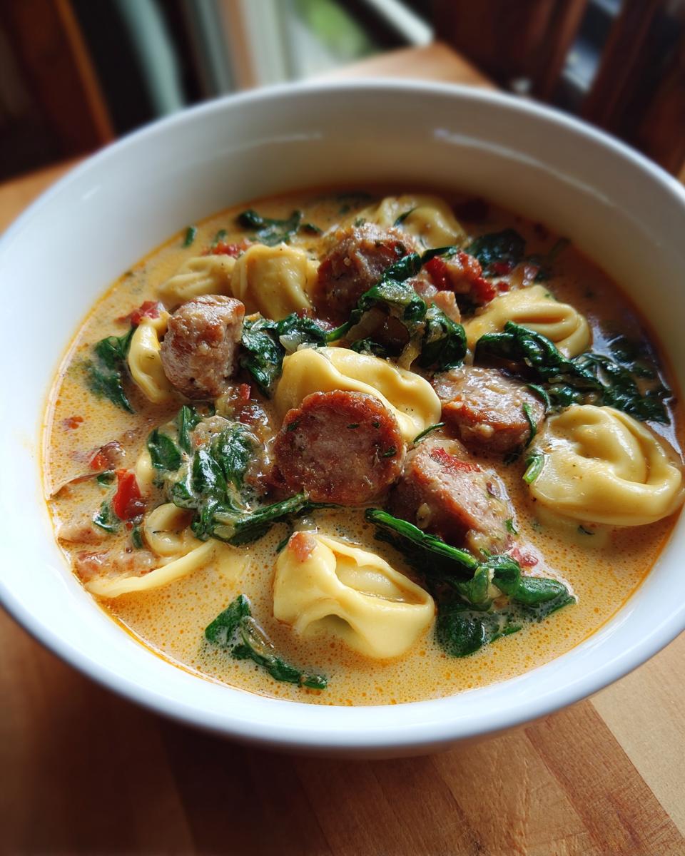 A close-up view of a white bowl filled with creamy sausage tortellini soup, featuring sausage slices and wilted spinach.