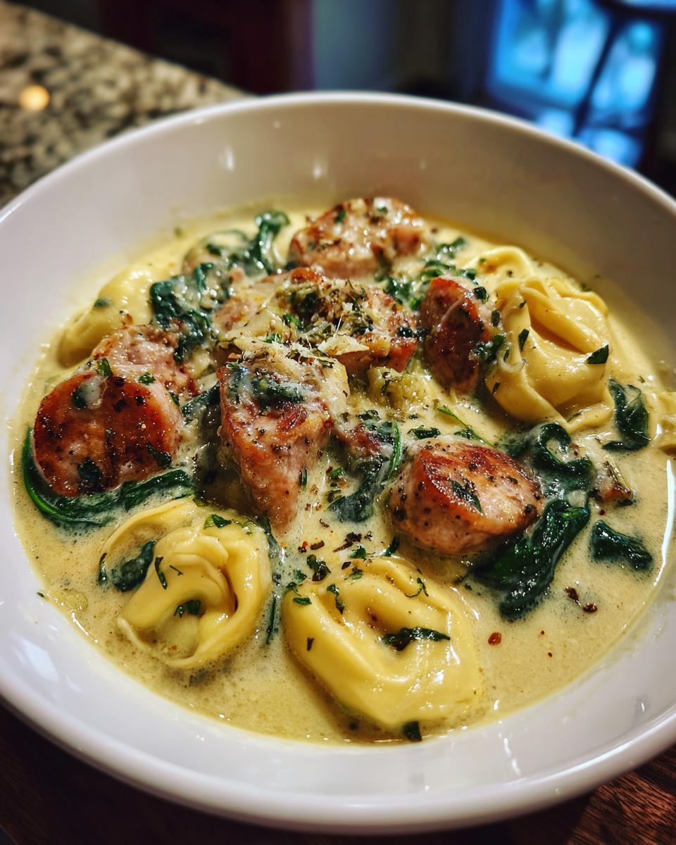 Close-up of a white bowl filled with creamy sausage tortellini soup, featuring sausage slices and wilted spinach.