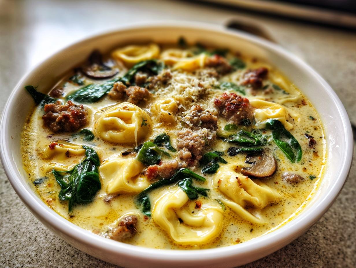A close-up of creamy sausage tortellini soup featuring tortellini, crumbled sausage, spinach, and mushrooms.