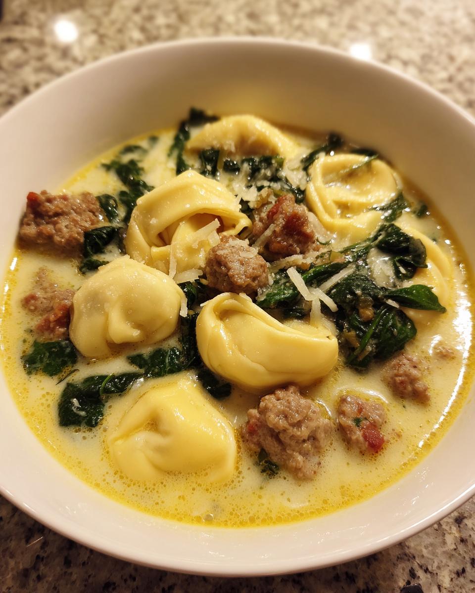 Close-up of a creamy sausage tortellini soup featuring cheese tortellini, crumbled sausage, and spinach, topped with Parmesan.