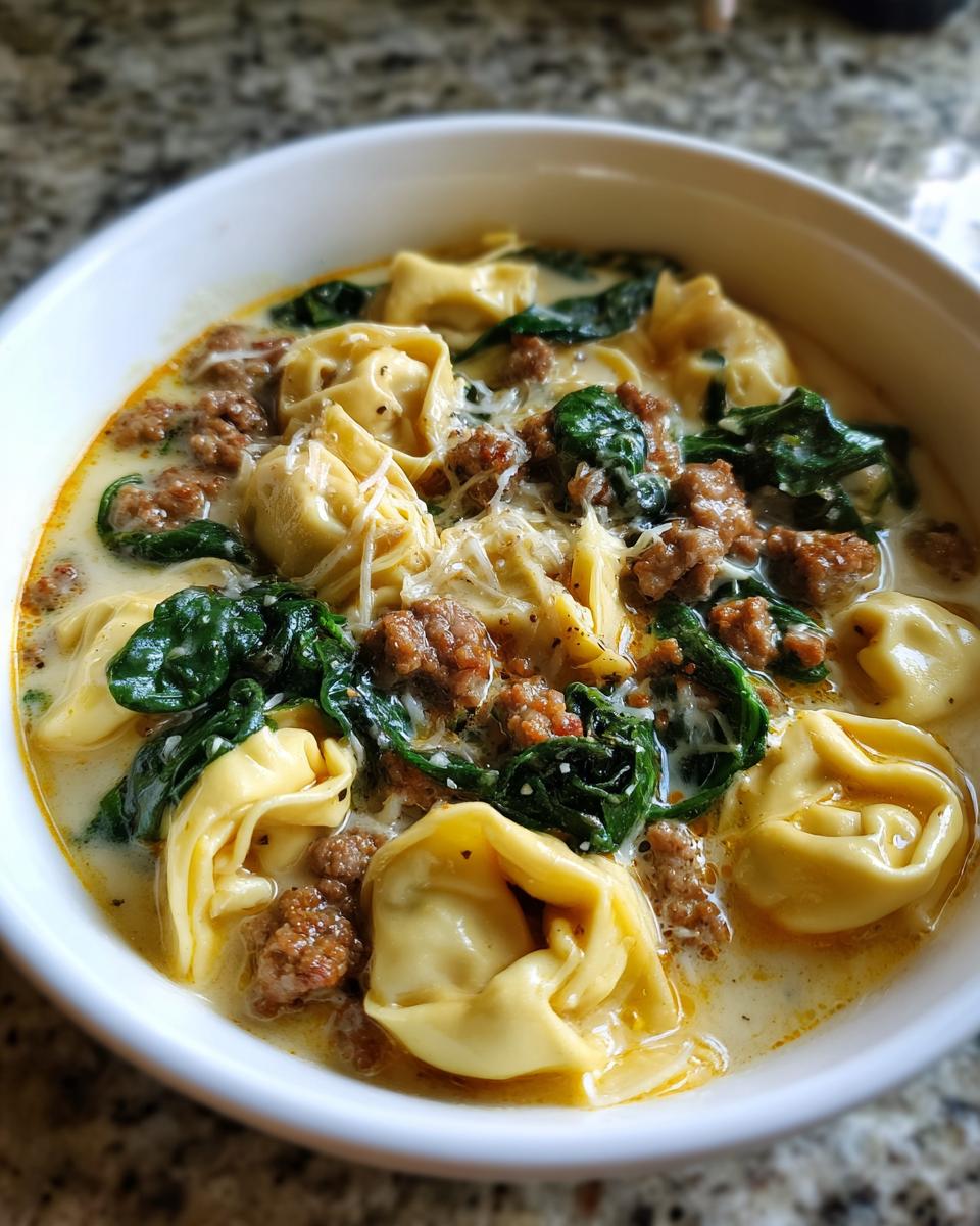 A close-up view of a white bowl filled with creamy sausage tortellini soup, featuring tortellini, crumbled sausage, and wilted spinach.