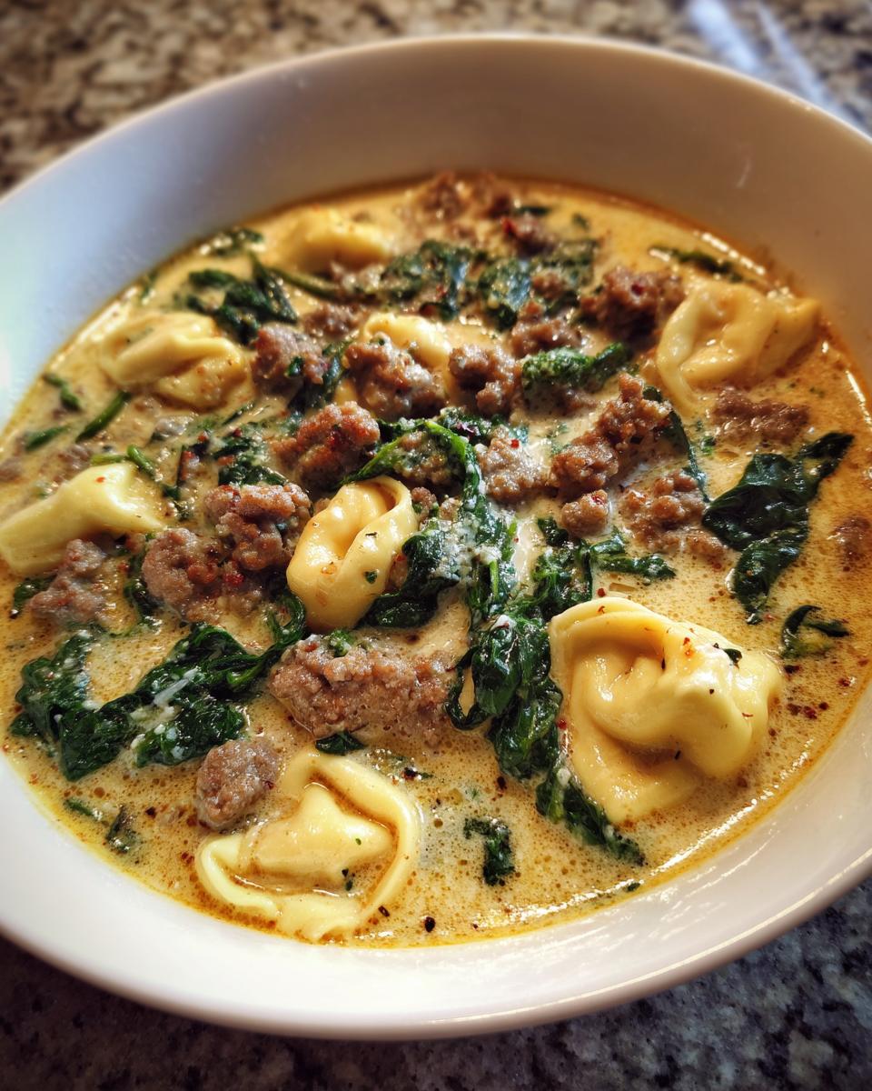 Close-up of a bowl of creamy sausage tortellini soup featuring cheese tortellini, crumbled sausage, and wilted spinach.