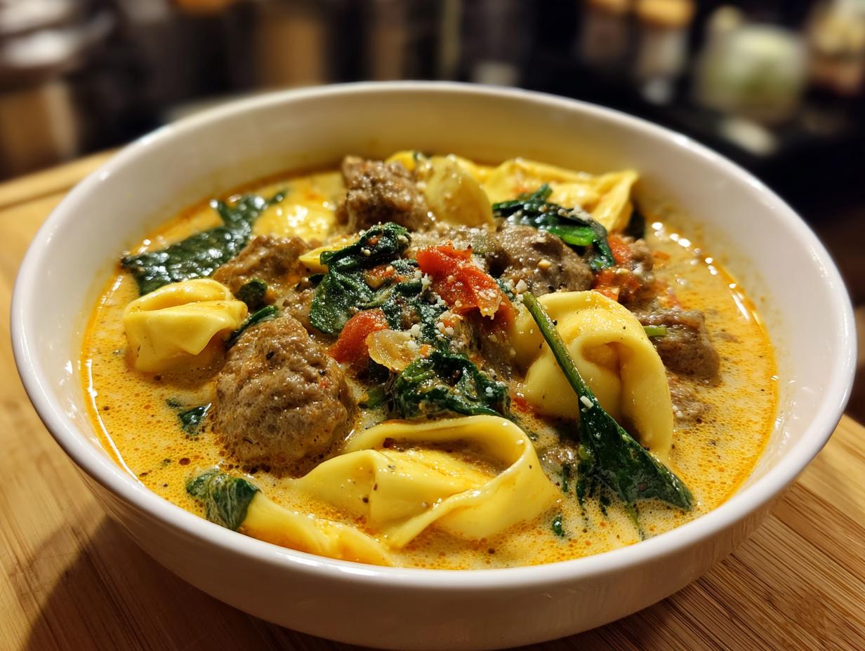 A close-up of a white bowl filled with creamy sausage tortellini soup, featuring sausage chunks, tortellini, and wilted spinach.