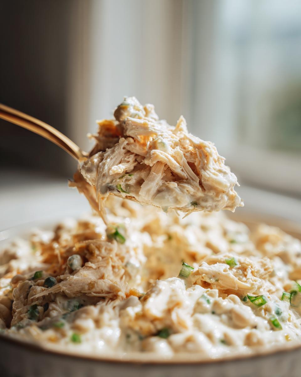 A golden spoon lifting a creamy, shredded portion of crockpot white chicken chili from a bowl.