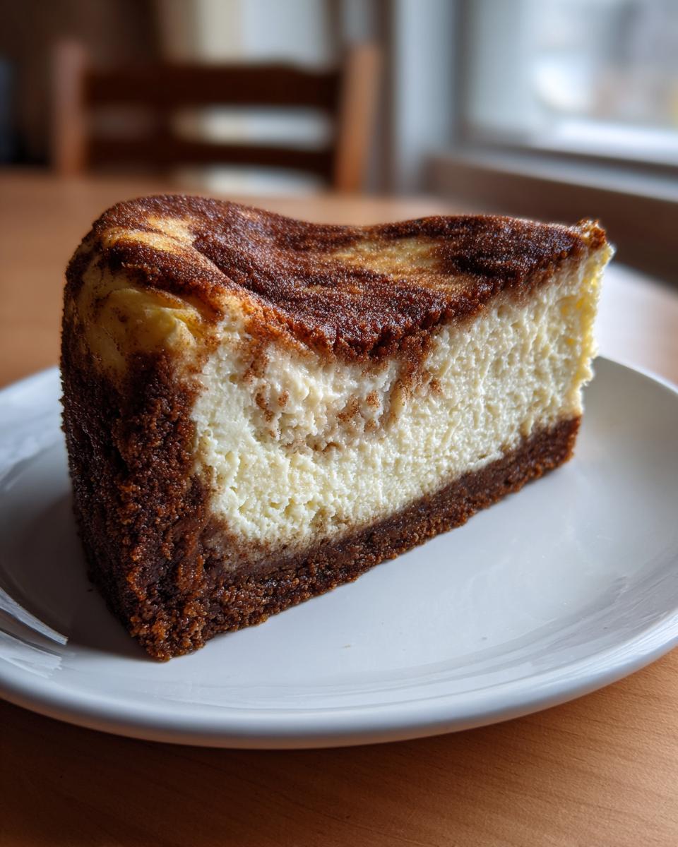A close-up of a thick slice of creamy snickerdoodle cheesecake with a cinnamon swirl top, resting on a white plate.