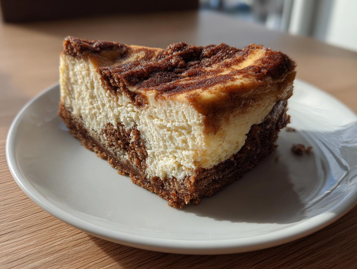 A close-up of a slice of creamy snickerdoodle cheesecake with a cinnamon swirl topping on a white plate.