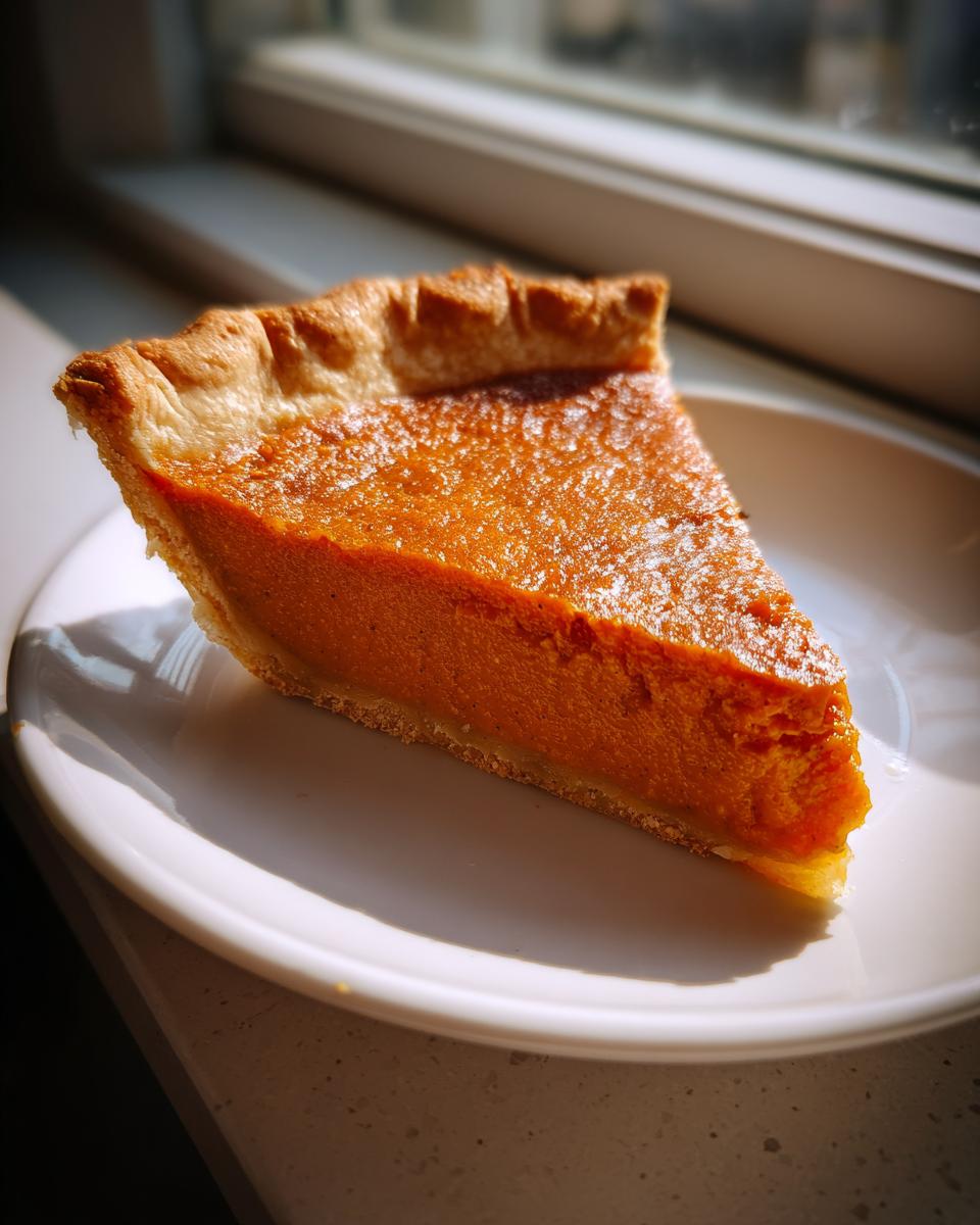 A single slice of creamy sweet potato pie resting on a white plate, highlighted by natural light from a window.