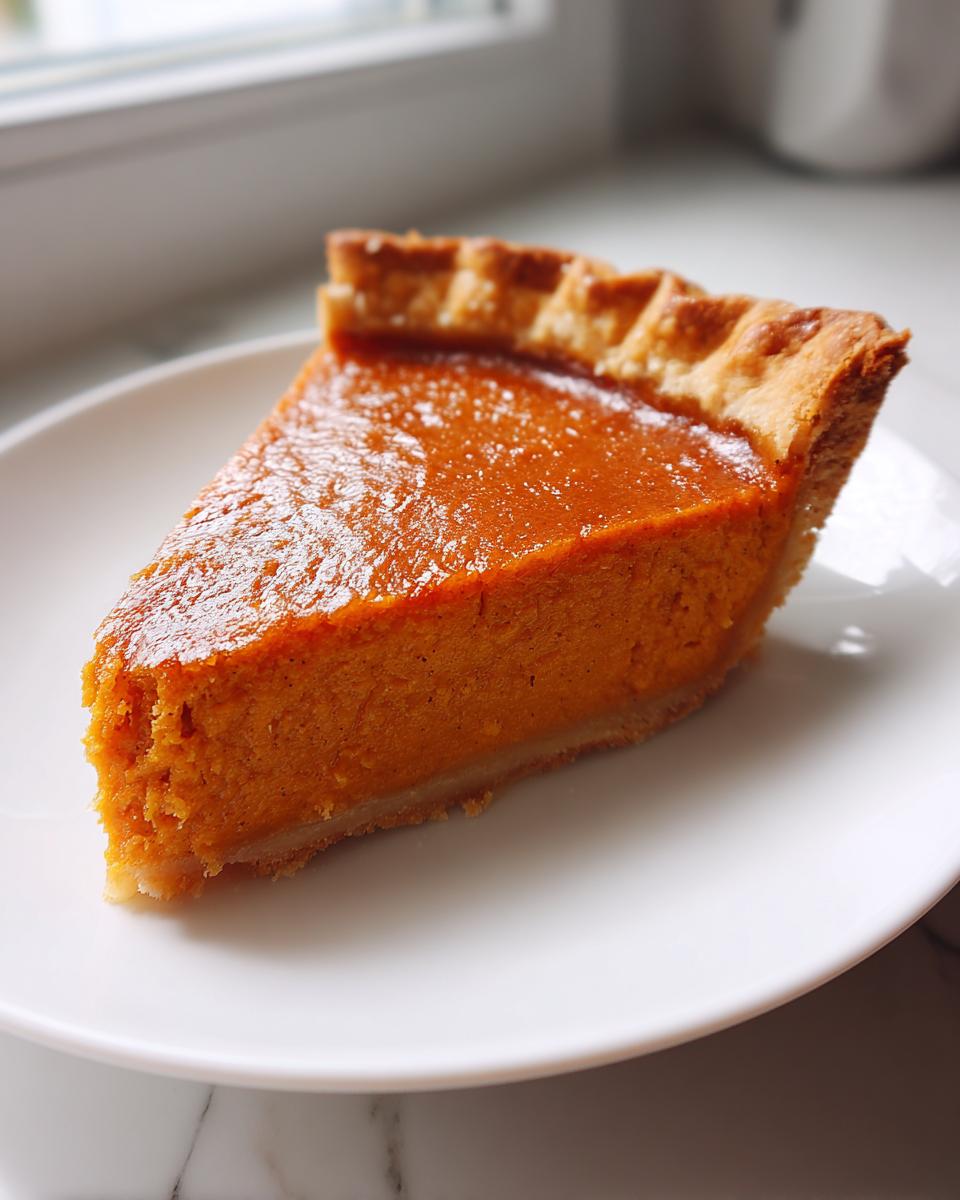 A close-up of a thick slice of creamy sweet potato pie resting on a white plate.