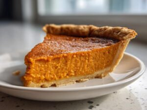 Close-up of a thick slice of creamy sweet potato pie on a white plate.
