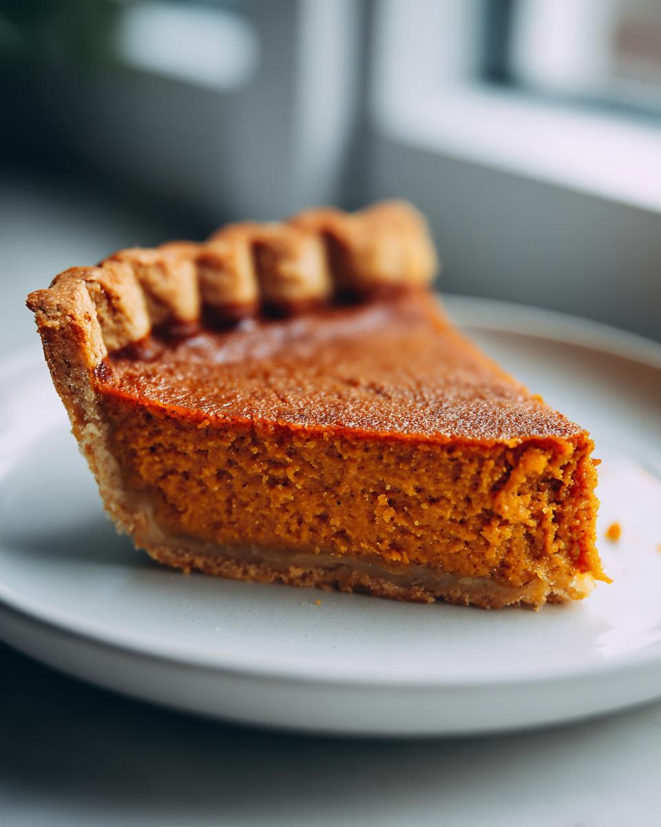 A close-up of a thick slice of creamy sweet potato pie with a crimped crust edge on a light plate.