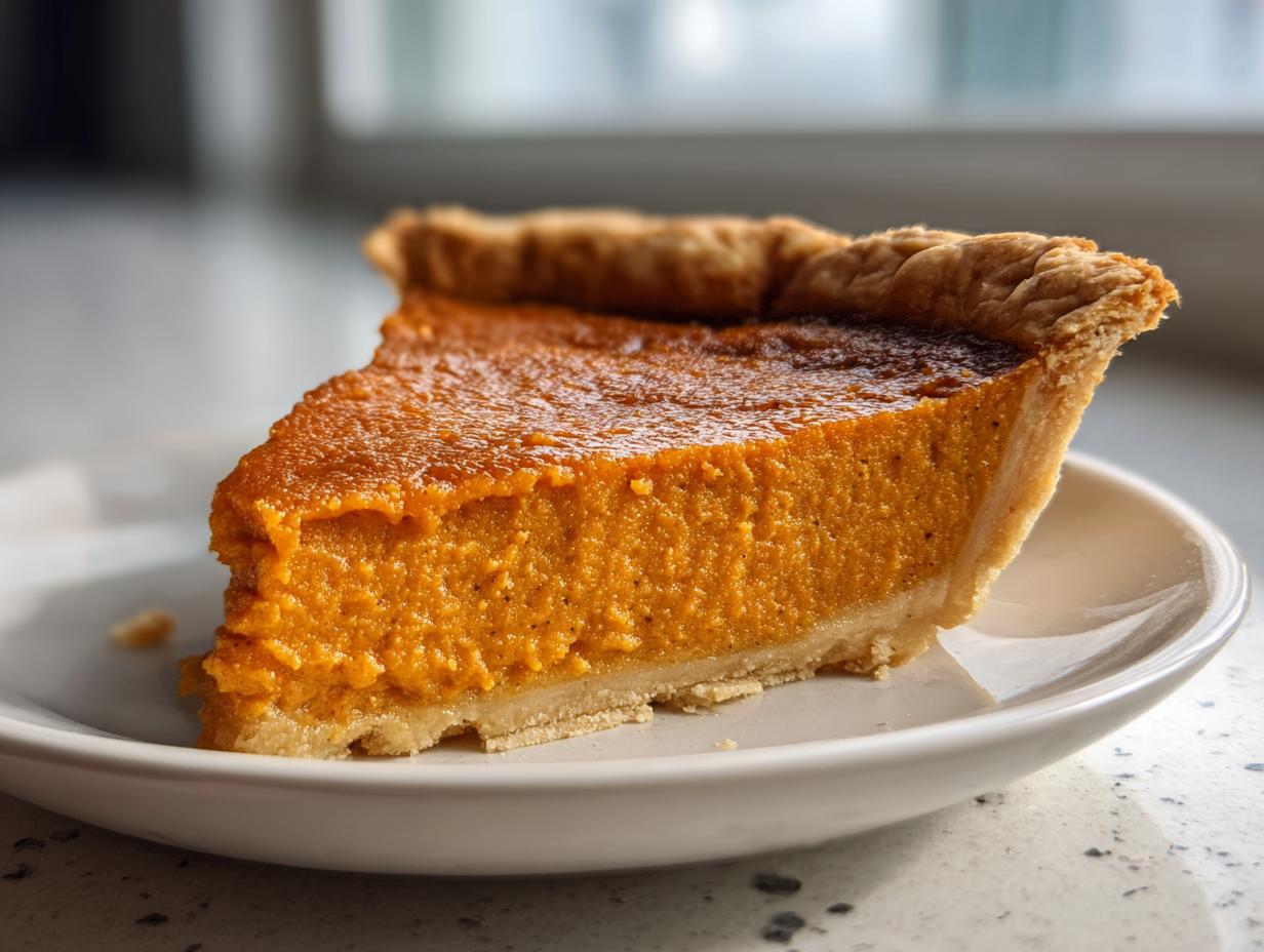 Close-up of a thick slice of creamy sweet potato pie on a white plate.