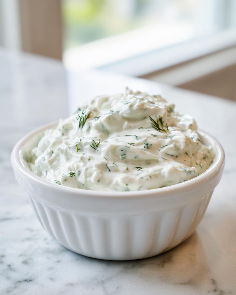 Close-up of creamy homemade tartar sauce recipe, garnished with fresh dill, in a white ramekin.