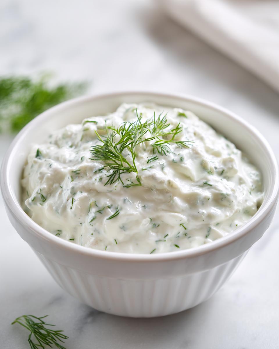Close-up of creamy tartar sauce recipe, garnished with fresh dill, served in a white ramekin.