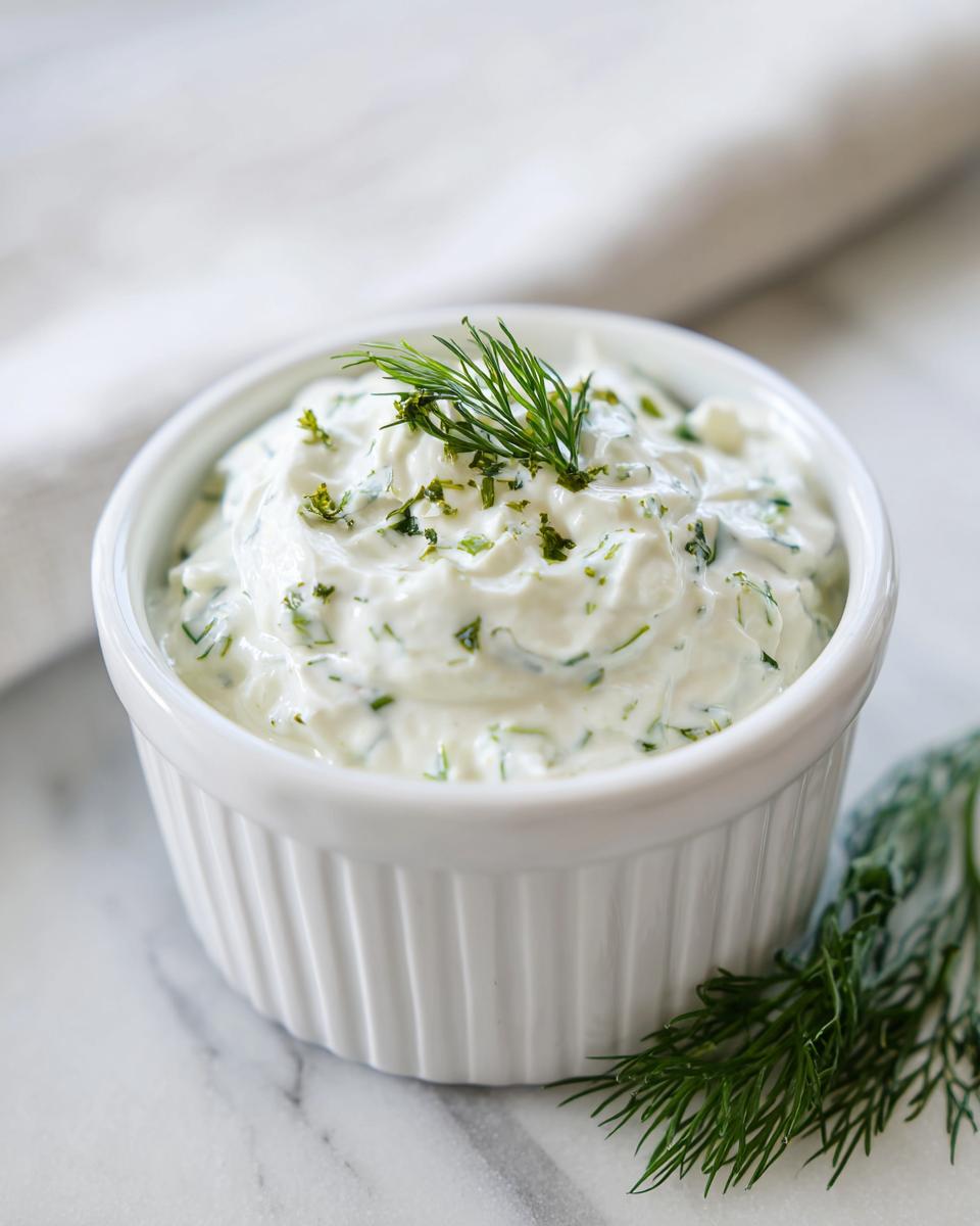 Close-up of creamy homemade tartar sauce recipe garnished with fresh dill in a white ramekin.