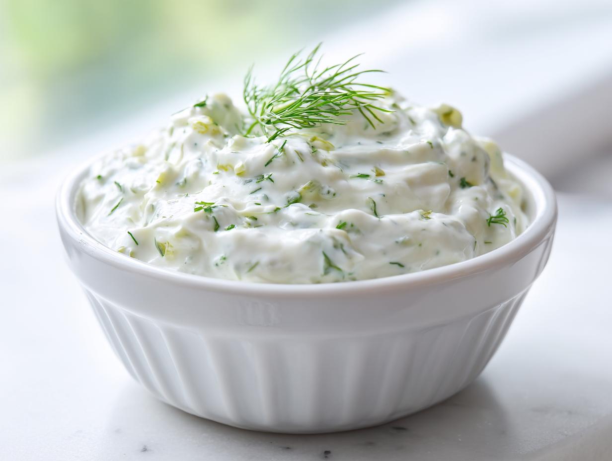 Close-up of a white ramekin filled with creamy, chunky tartar sauce recipe, garnished with fresh dill.