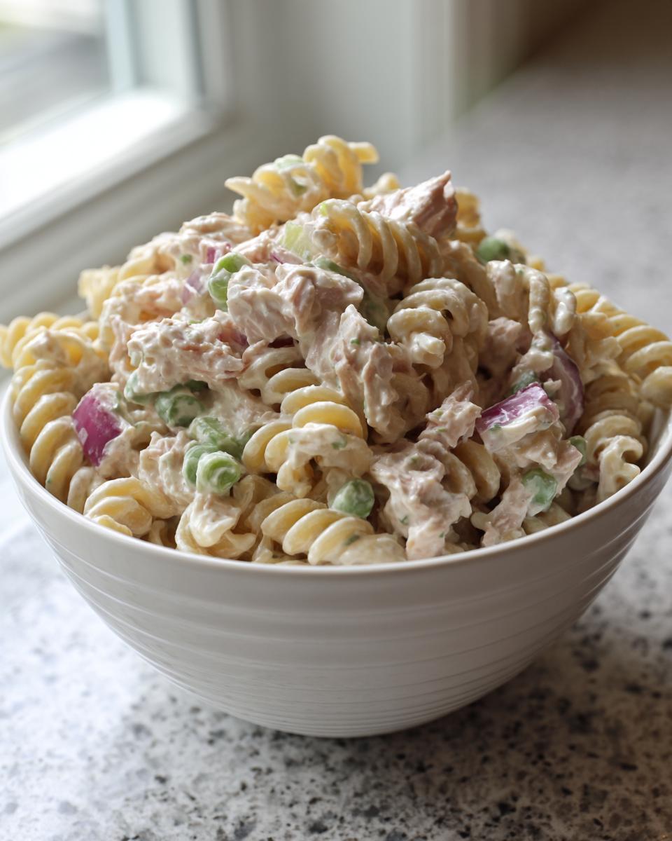 A close-up of creamy tuna pasta salad made with rotini pasta, tuna, peas, and red onion in a white bowl.