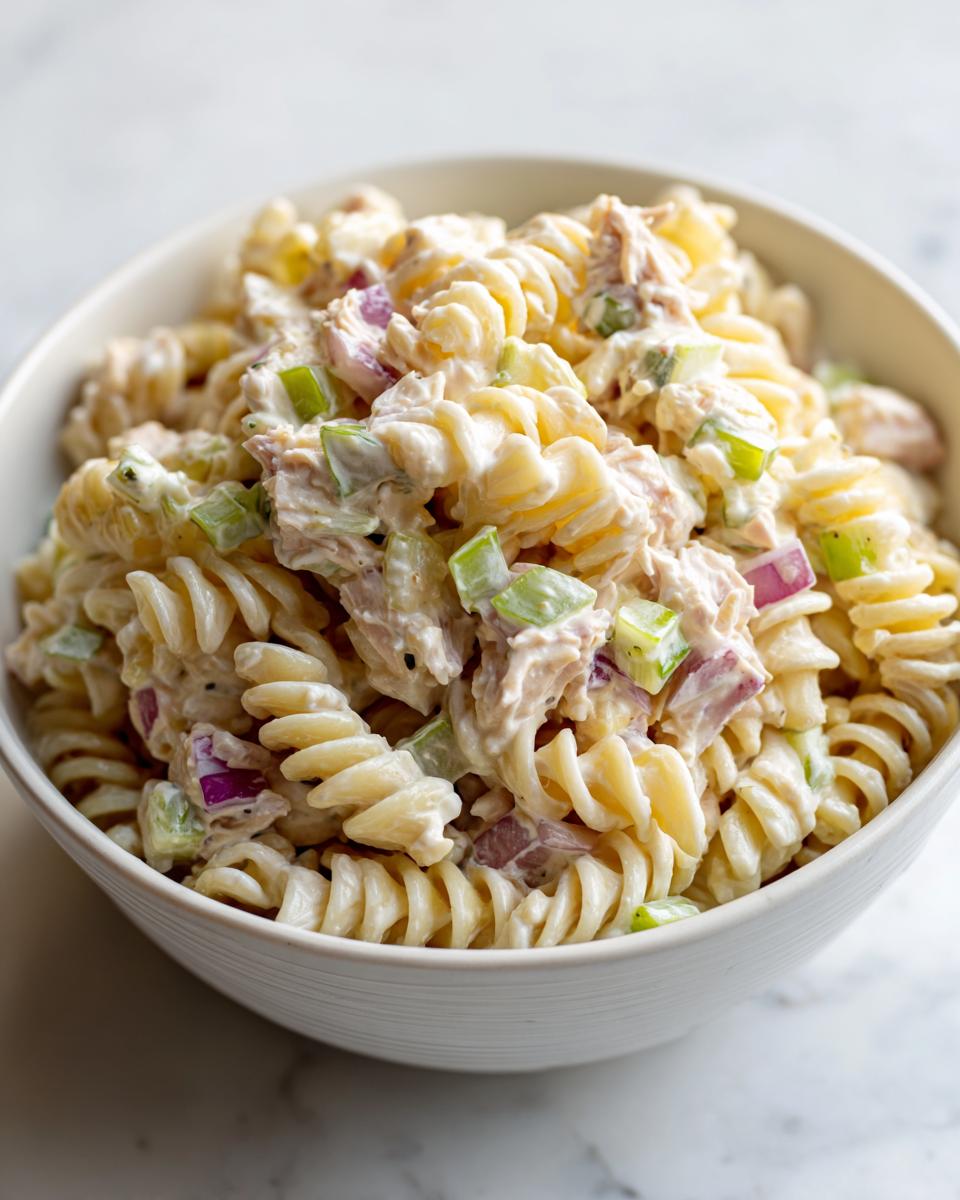 Close-up of creamy tuna pasta salad made with rotini pasta, celery, and red onion in a white bowl.