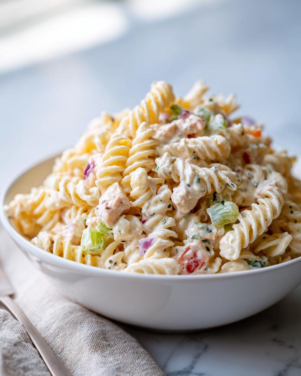 Close-up of creamy tuna pasta salad made with rotini pasta, tuna chunks, celery, and red onion.