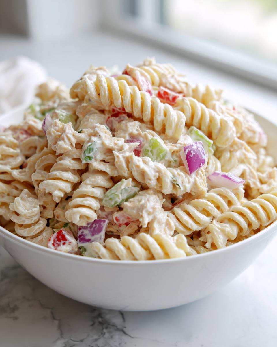 Close-up of a creamy tuna pasta salad made with rotini pasta, red onion, and celery in a white bowl.