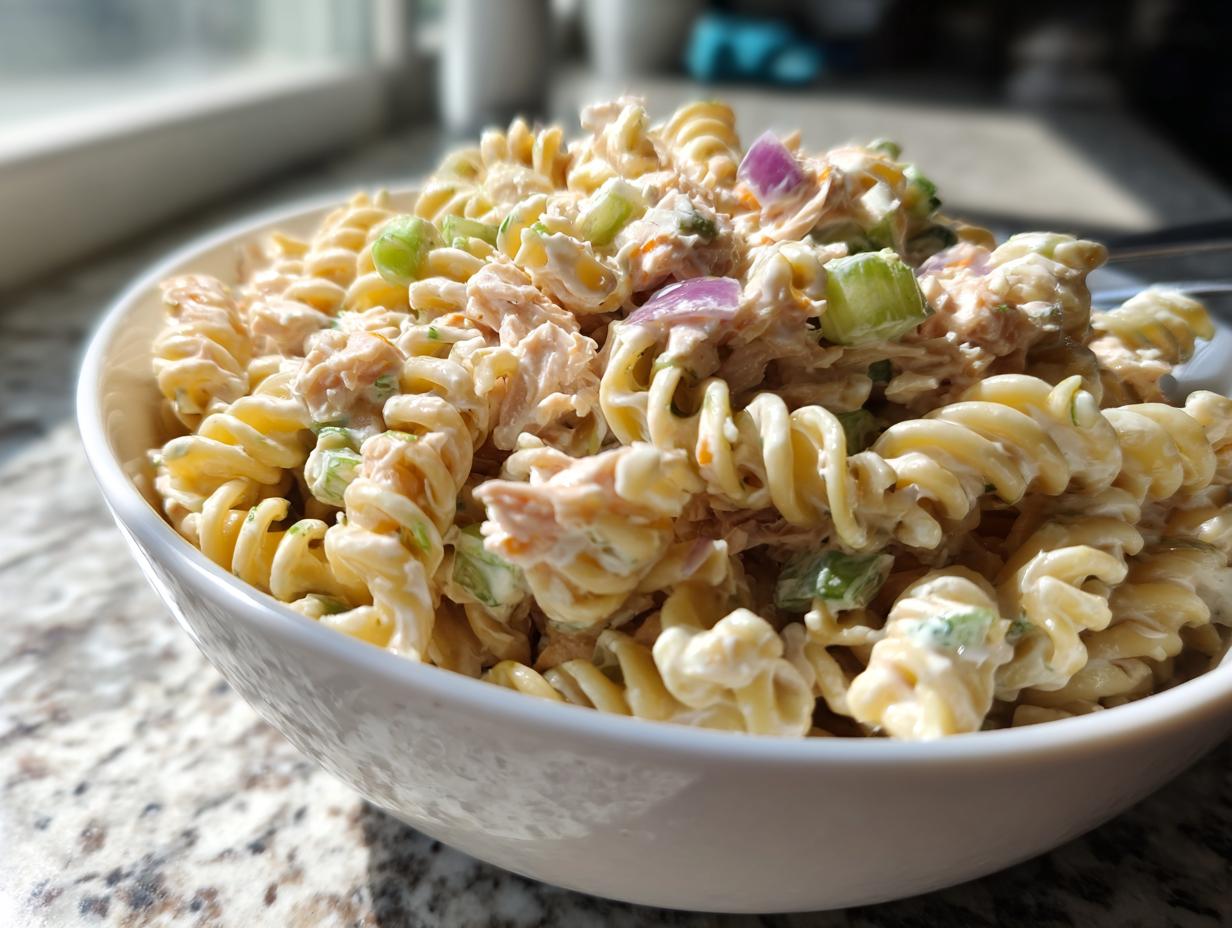 Close-up of creamy tuna pasta salad made with rotini pasta, celery, and red onion in a white bowl.