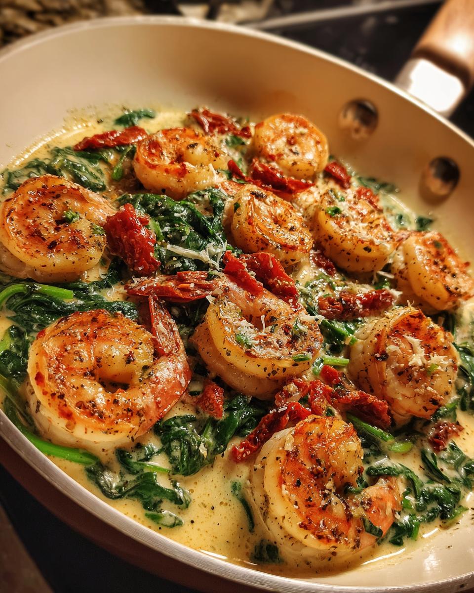 Close-up view of perfectly cooked Tuscan shrimp swimming in a creamy sauce with spinach and sun-dried tomatoes.
