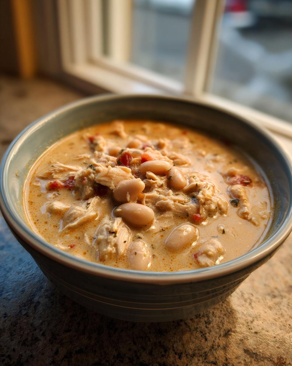 A close-up of a hearty bowl of creamy white chicken chili, featuring shredded chicken and white beans in a rich broth.