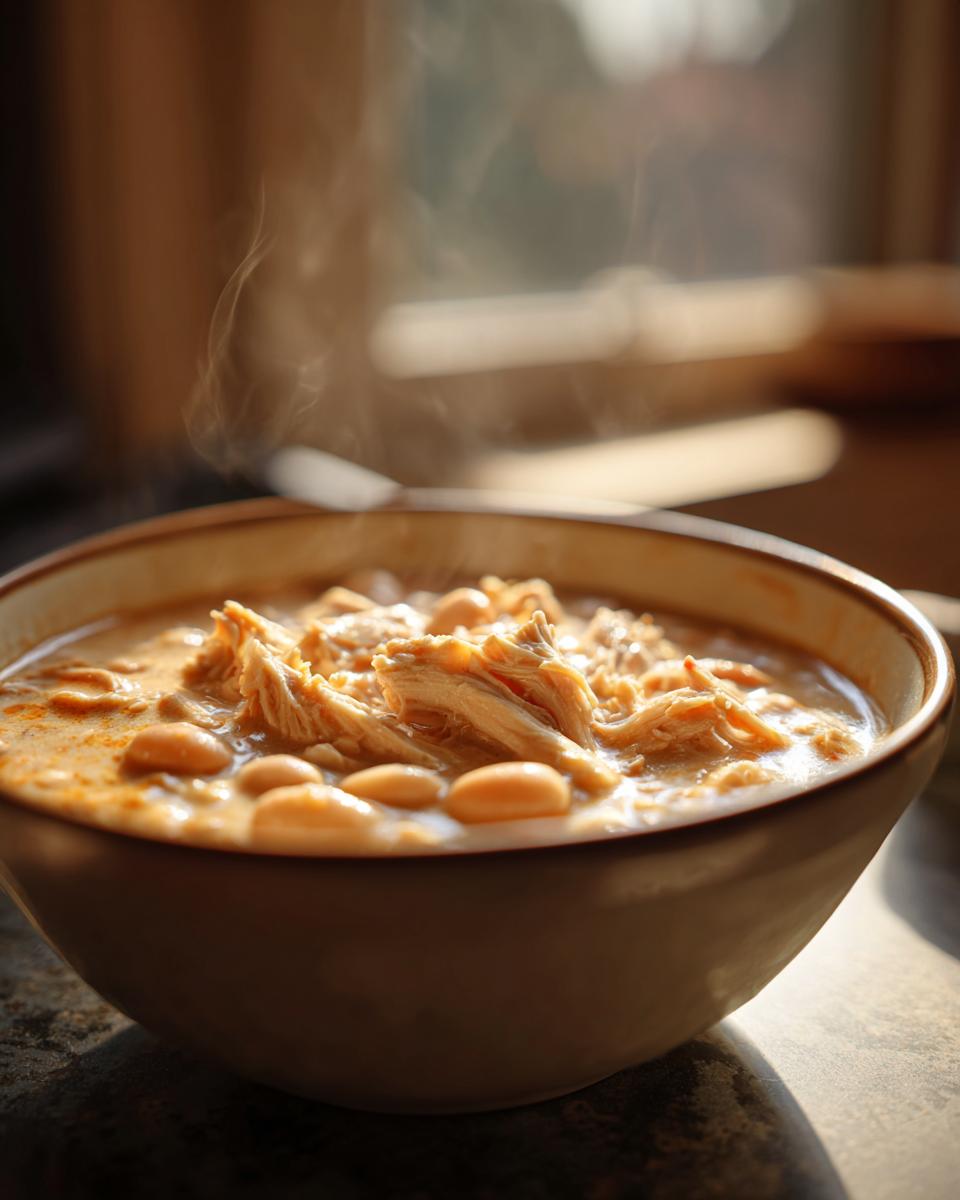 A close-up of a steaming bowl filled with creamy white chicken chili, featuring shredded chicken and white beans.