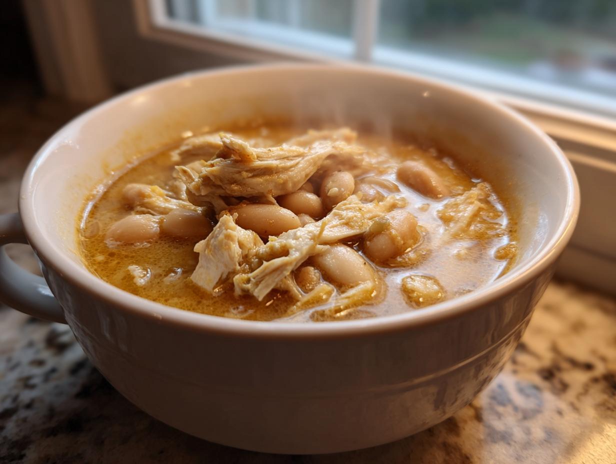 A close-up of a steaming white mug filled with creamy white chicken chili, featuring shredded chicken and white beans.
