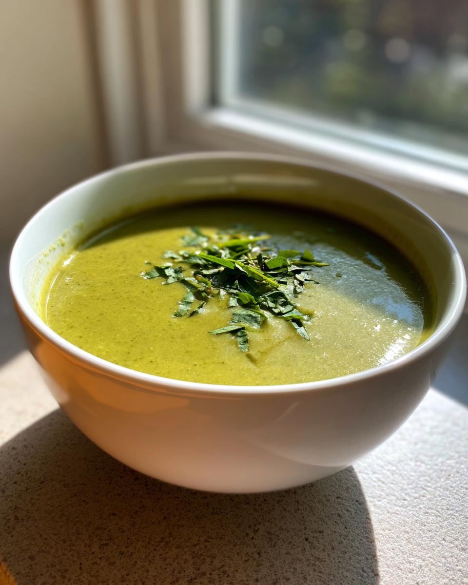 A close-up of vibrant green zucchini soup topped with fresh herbs in a white bowl, set near a window.