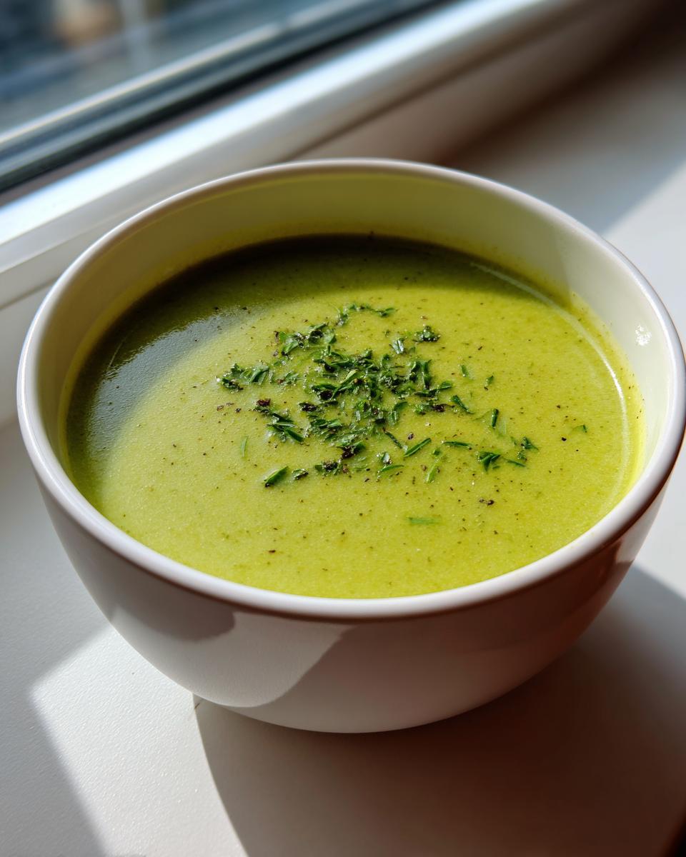 A close-up of vibrant green zucchini soup topped with fresh chives, sitting in a white bowl near a window.
