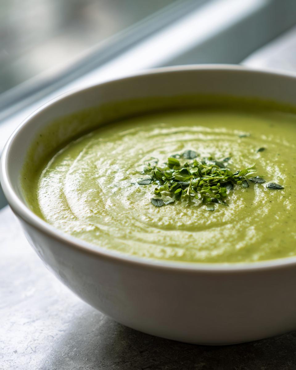 Close-up of a bowl of vibrant green zucchini soup, garnished with fresh thyme or herbs.