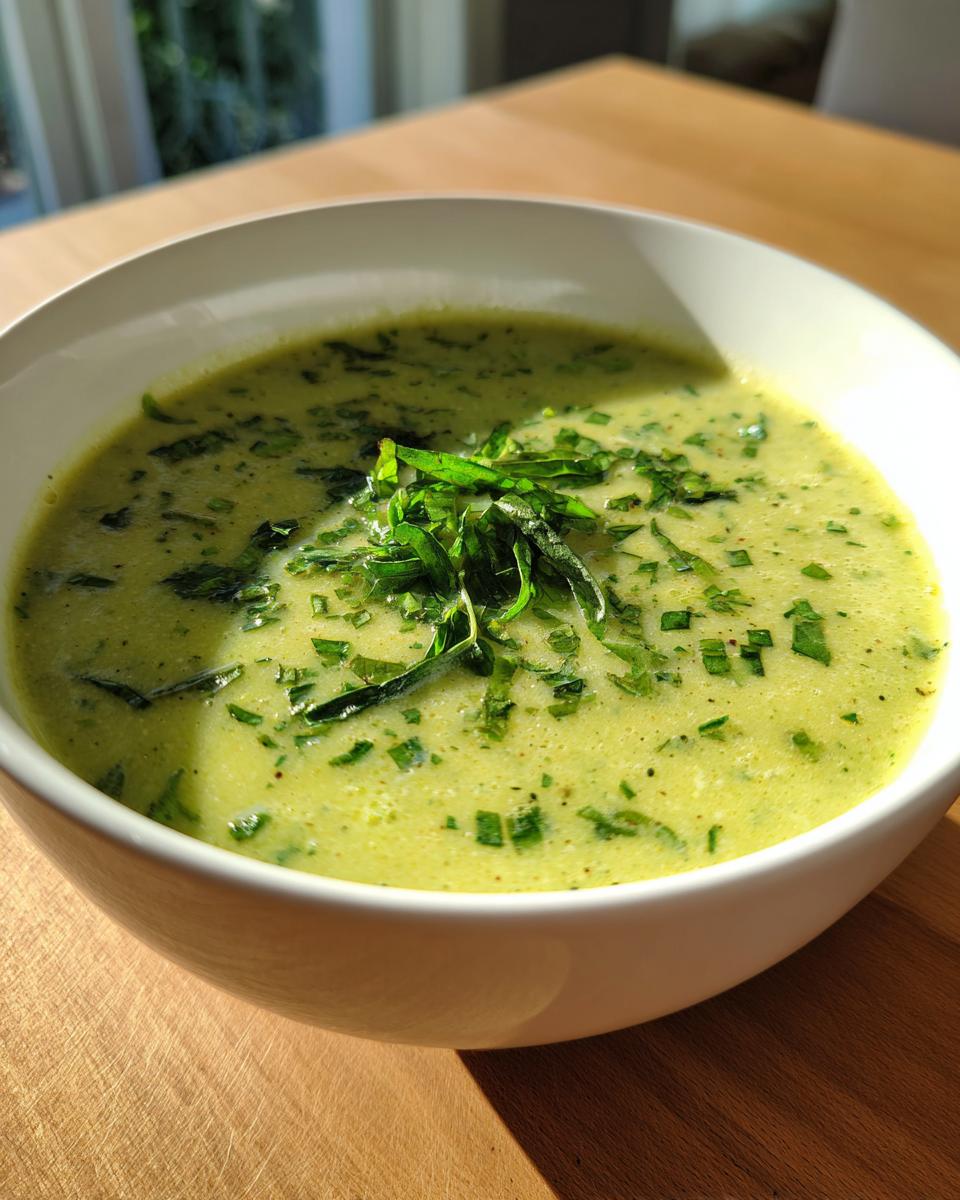 A close-up of a bowl of creamy, light green zucchini soup topped with fresh, chopped green herbs.