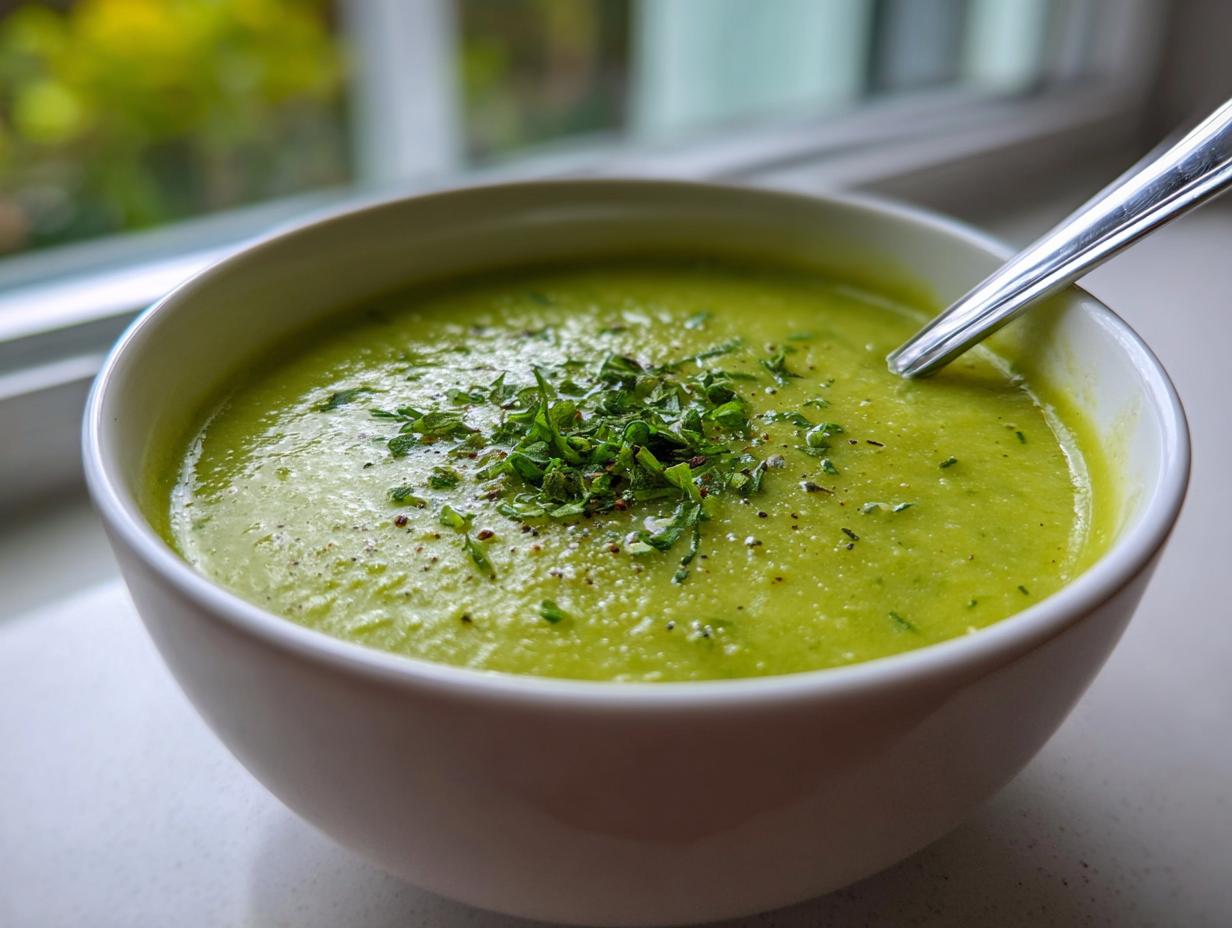 Close-up of a bowl of vibrant green zucchini soup topped with fresh chopped herbs and pepper.