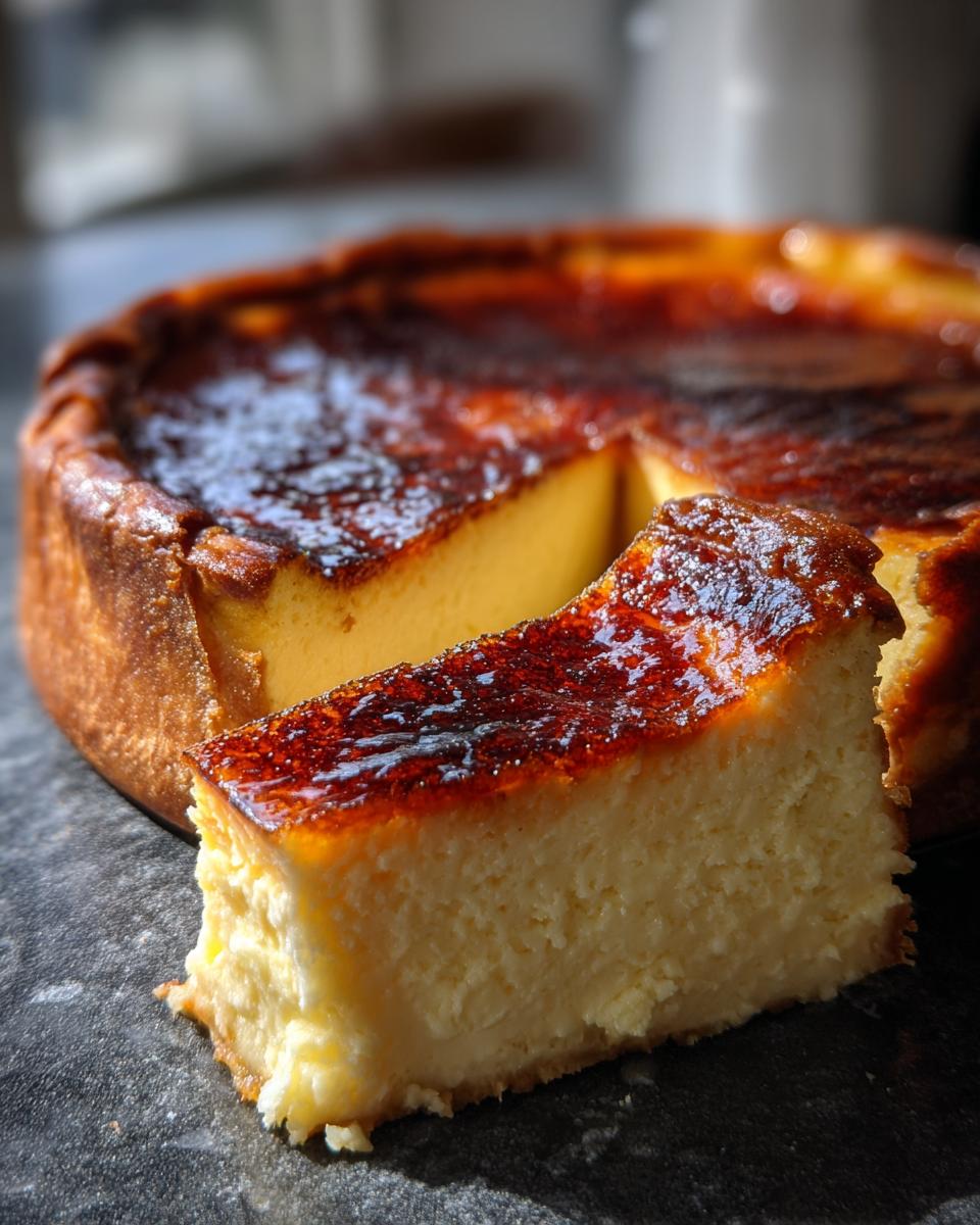 A rich slice of creme brulee cheesecake with a caramelized, glossy top next to the rest of the whole cake.