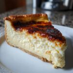 A close-up of a rich slice of creme brulee cheesecake featuring a creamy filling and a perfectly caramelized, torched sugar crust.